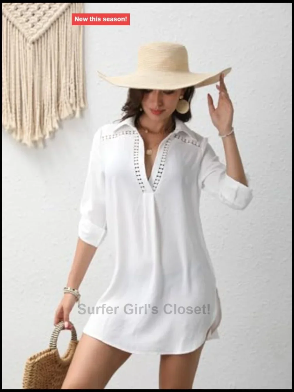 Long Sleeve V-Neck Beach Cover Up Shirt Dress Casual Summer